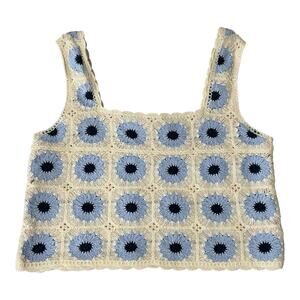 Rebellion Again Tank Top Women Sz Medium Cream Blue Floral Boho Crochet Crop